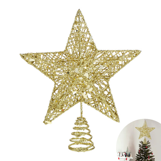 COMNICO Christmas Tree Topper Glittering Gold Hollow Small Star Mini Christmas Tree Decoration 5 Point Star Xmas Treetop Ornaments (25cm/9.8inches)