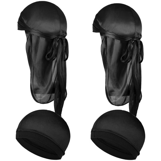 Wanmu 4Pcs Kids Silky Durag with Wave Caps Set, Silky Satin Durag Extra Long Tails, Long Tail and Wide Strap Headwraps, Wide Straps Waves (Black)