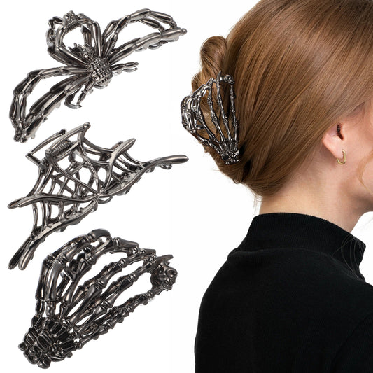 3 Pcs Spider Web Hair Clips Halloween Metal Spider Claw Clips Skeleton Hand Skull Claw Clip Y2K-Style Hairpin Skull Spooky Spooky Gifts Goth Hair Accessories for Women Halloween Party Gift