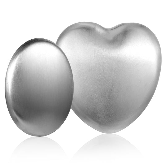 COMNICO 2 Pack Stainless Steel Soap Bar, Silver Odor Remover Magic Metal Odor Absorber Soap Rubbing Stone Kitchen Gadgets Eliminating Hands Skin Smell Like Onion Garlic Strong Scents (Oval + Heart)