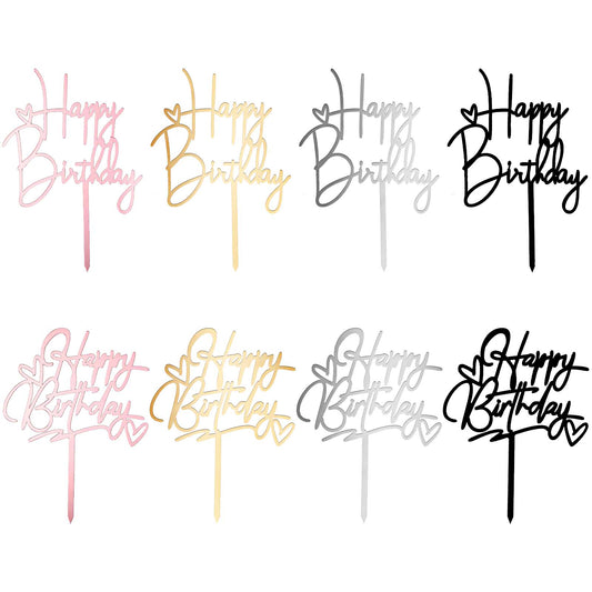 8 Pcs Happy Birthday Cake Topper Golden Cake Top Decoration Acrylic Side Cake Inserts Sticks Decor Banner Sign Mirror Cupcake Toppers for Party Anniversary Supplies Desserts Pastries
