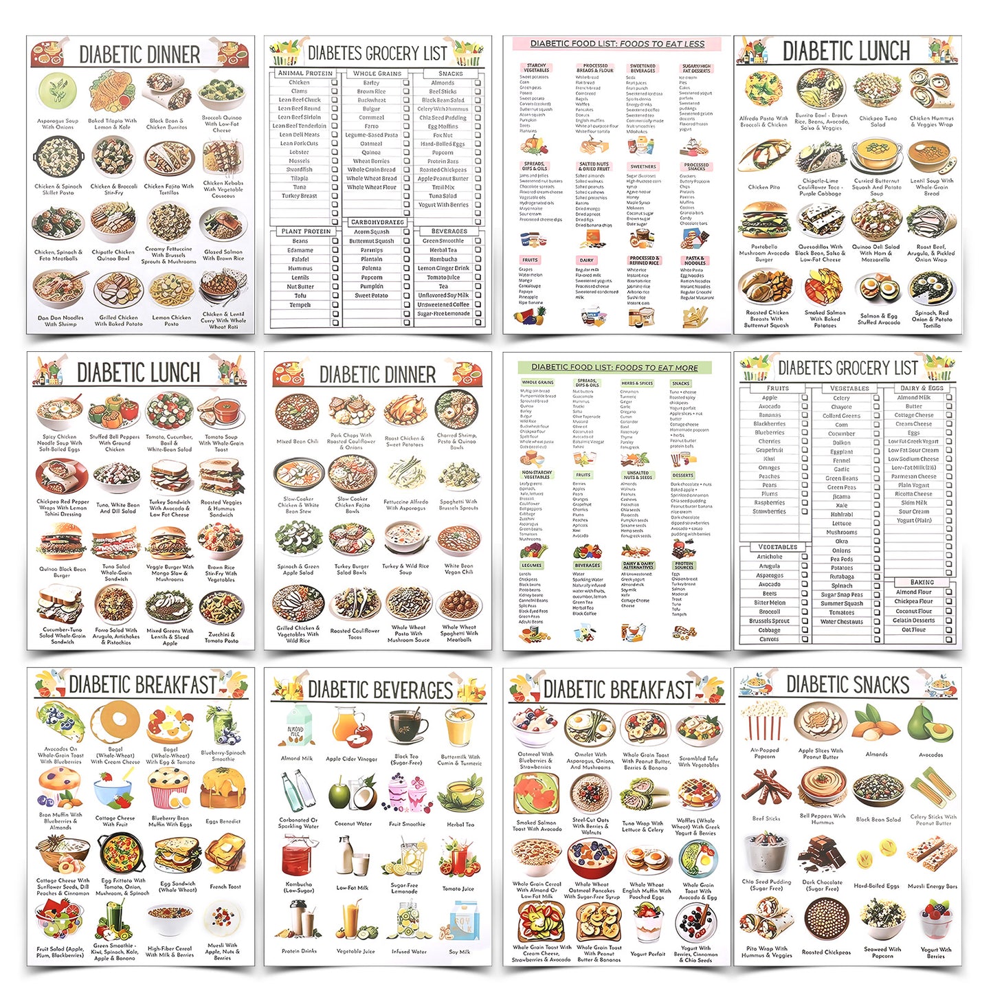 12 Pcs Diabetes Food List Chart Diabetics Meal Planner Low Carb Foods List Blood Sugar Control Diet Plan Diabetes Information Chart for Diabetics w/Serving Size Glycemic Index Carbs Calories