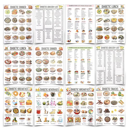 12 Pcs Diabetes Food List Chart Diabetics Meal Planner Low Carb Foods List Blood Sugar Control Diet Plan Diabetes Information Chart for Diabetics w/Serving Size Glycemic Index Carbs Calories