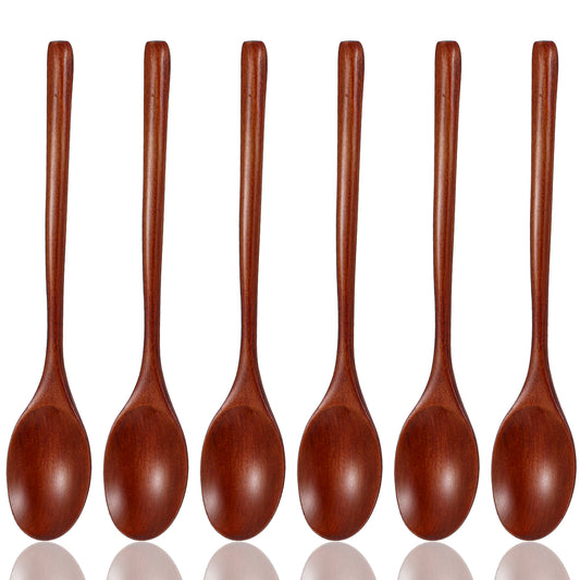 Wanmu 6Pcs Wooden Spoons, 9 Inches Wood Soup Spoons for Eating Mixing Stirring, Long Handle Spoons for Cooking, Tasting Spoons, Wooden Table Spoon for Stirring