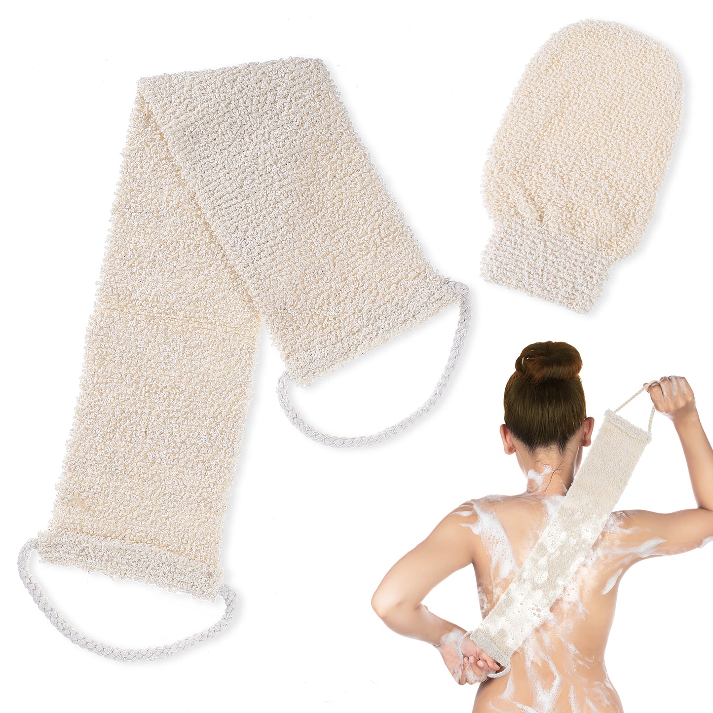 COMNICO 2pcs Exfoliating Body Scrubber, Natural Hemp Back Scrubber Exfoliator Loofah Shower Bath Wash Deep Cleaning Glove and Strap Dead Skin Removal for Men Women(White)
