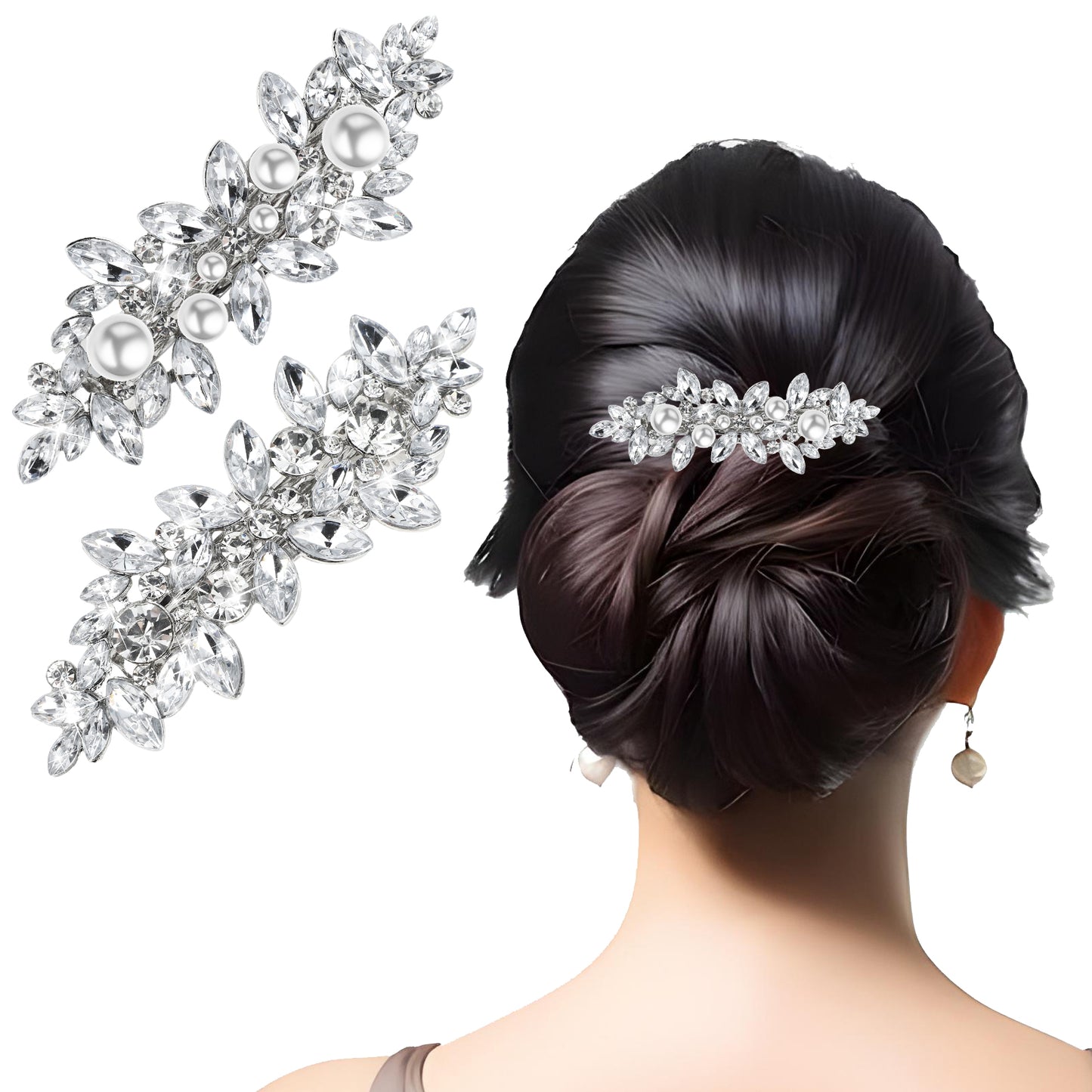 2 Pieces Rhinestone Hair Barrettes Sparkly Wedding Flower Clips For Women Silver Diamond Hairpins Sparkle Side Hair Clips Jewelry Pins For Fine Hair Decorative French Barrette Bride Decorations