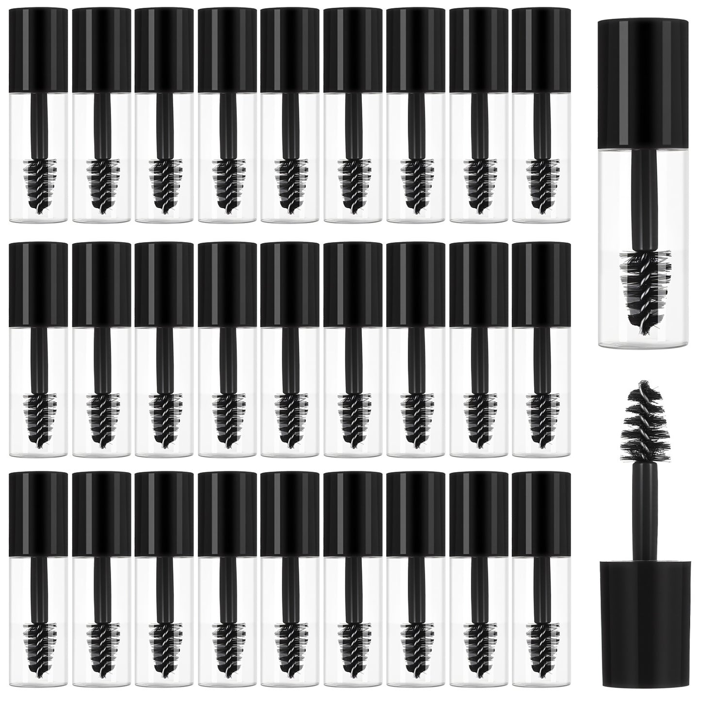 Wanmu 27Pcs Empty Mascara Tubes with Wand, 3ml Mini Eyelash Growth Packing Tube Container with Brush Rubber Inserts, Leak-Proof Small Sample Size Cream Bottles for Castor Oil Home Travel (Black)