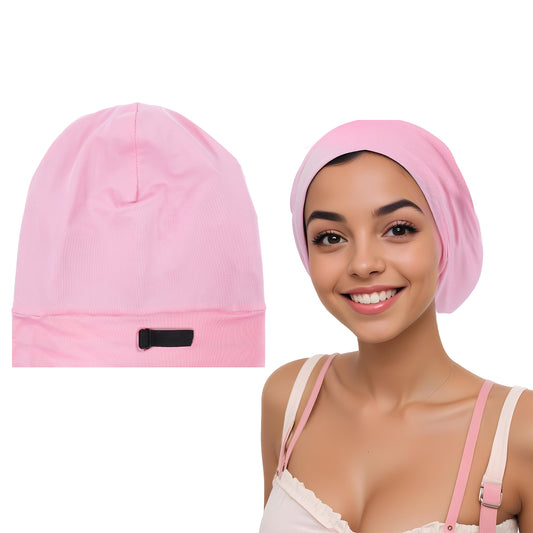 COMNICO Satin Bonnet for Sleeping, 1Pcs Adjustable Satin Lined Sleep Cap Hair Wrap Cover Slouchy Beanie with Adjustable Strap for Women Natural and Curly Hair Braids(Pink)