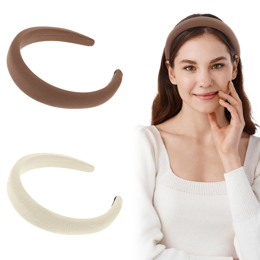 Dimeho 2 Pcs Padded Headbands Women Solid Wide Padding Hairbands Non-Slip Soft Thick Hair Hoop Comfortable Aesthetic Cute Hair Styling Accessories Neutral Color