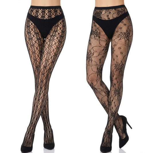 Sibba 2 Pack Floral Tights for Women, Black Fishnet Stocking High Waist Sheer, Pattern Pantyhose Leggings Lace Tights for Party Date Dai