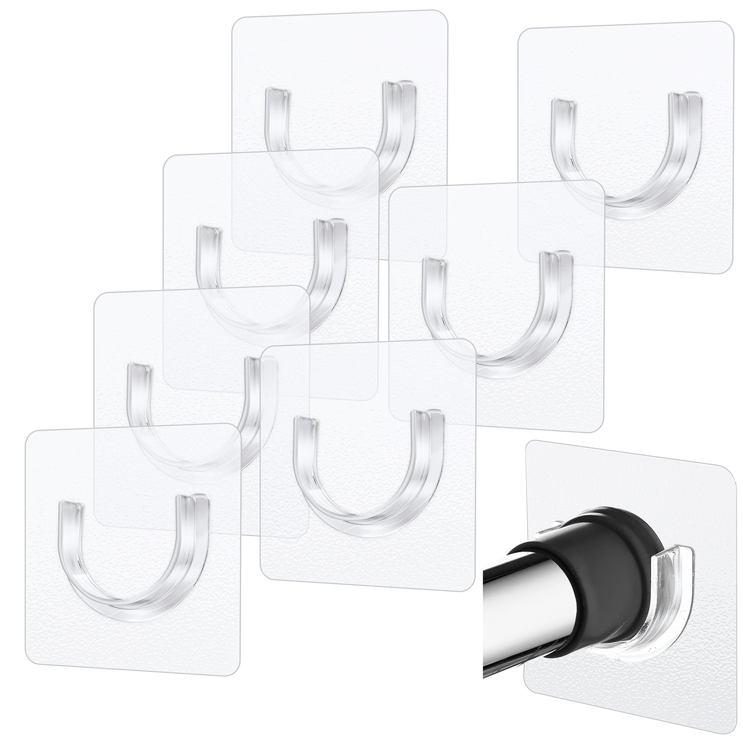 Shower Curtain Rod 8 PCS No Drill Retainer Brackets Tension Holders Adhesive Holder Closet Hooks Rods For Bathroom Wardrobe Curved Clips Wall Strip Plastic Self Stick On Peel and Support Mount Sticker