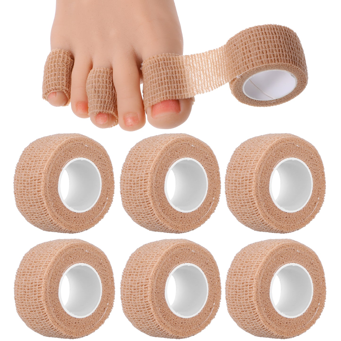 Wanmu 6 Rolls 1 inch Broken Big Toe Little Toenail Protectors, Self Adhesive Toe Covers Bandage for Men Women, Runners Toe Guards Tape for Pain Relief Thumb Finger Wrist Ankle Vet Wrap (Skin Color)