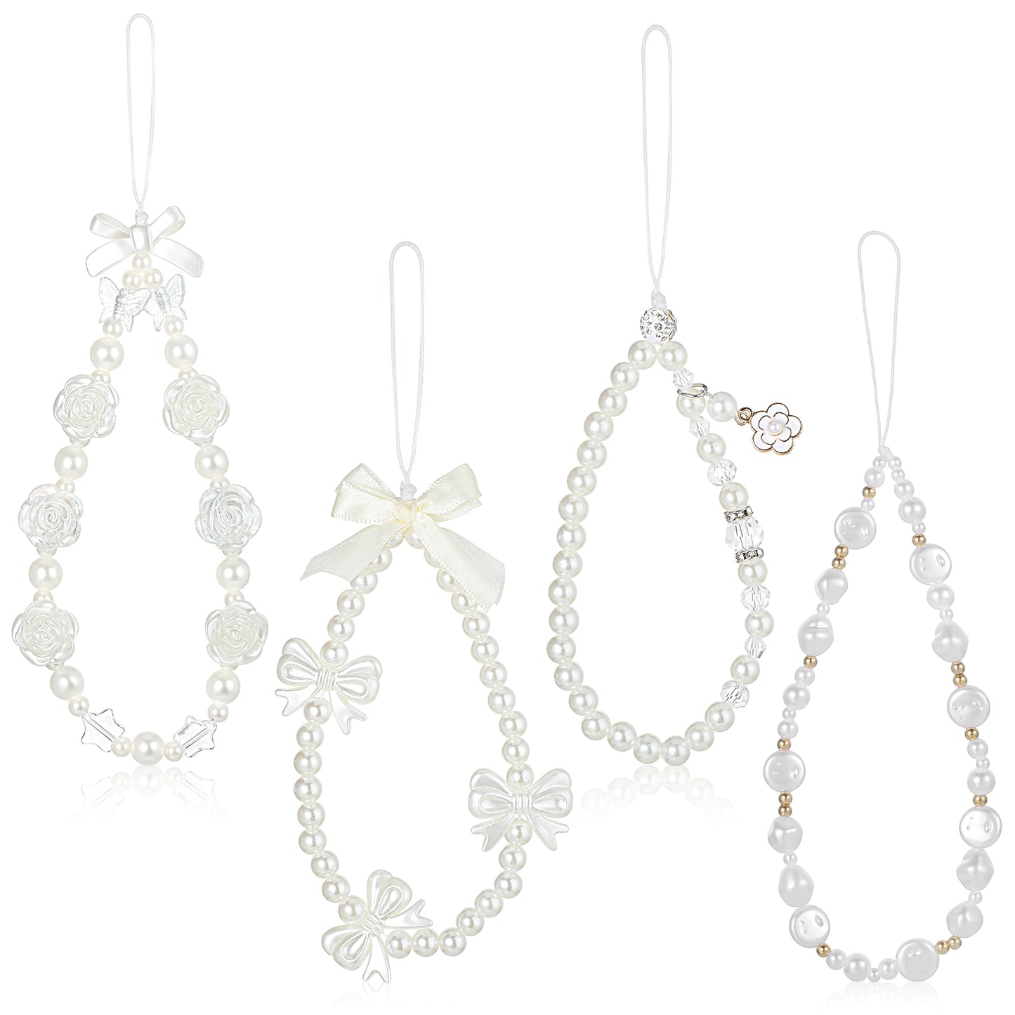 Dimeho 4pcs Phone Charms Strap, Phone Wrist Strap Beaded Phone Strap Pearl Butterfly Phone Charm Cute Phone Charms Aesthetic Love Phone Chain Y2k Cell Phone Lanyard Wrist Strap for Camera Keychain