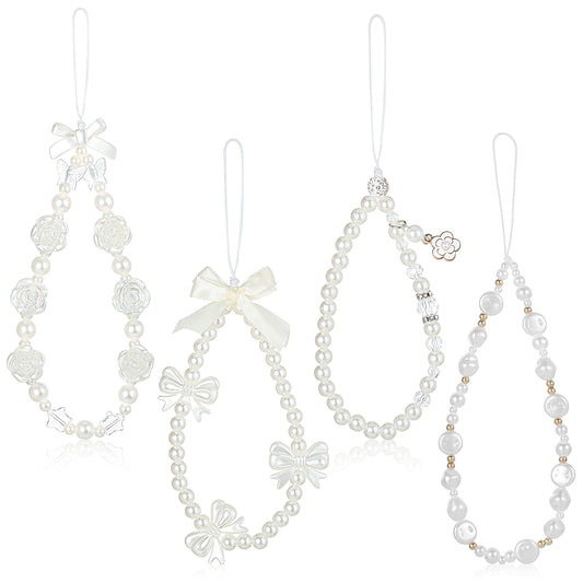 Dimeho 4pcs Phone Charms Strap, Phone Wrist Strap Beaded Phone Strap Pearl Butterfly Phone Charm Cute Phone Charms Aesthetic Love Phone Chain Y2k Cell Phone Lanyard Wrist Strap for Camera Keychain