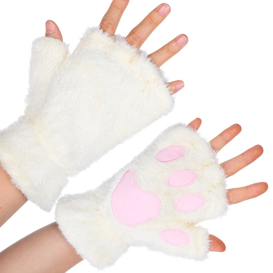 COMNICO Cat Paws Gloves Soft Hand Paw Gear Bear Furry Paw Fingerless Cat Mittens Halloween Cosplay Costume Accessories (White)