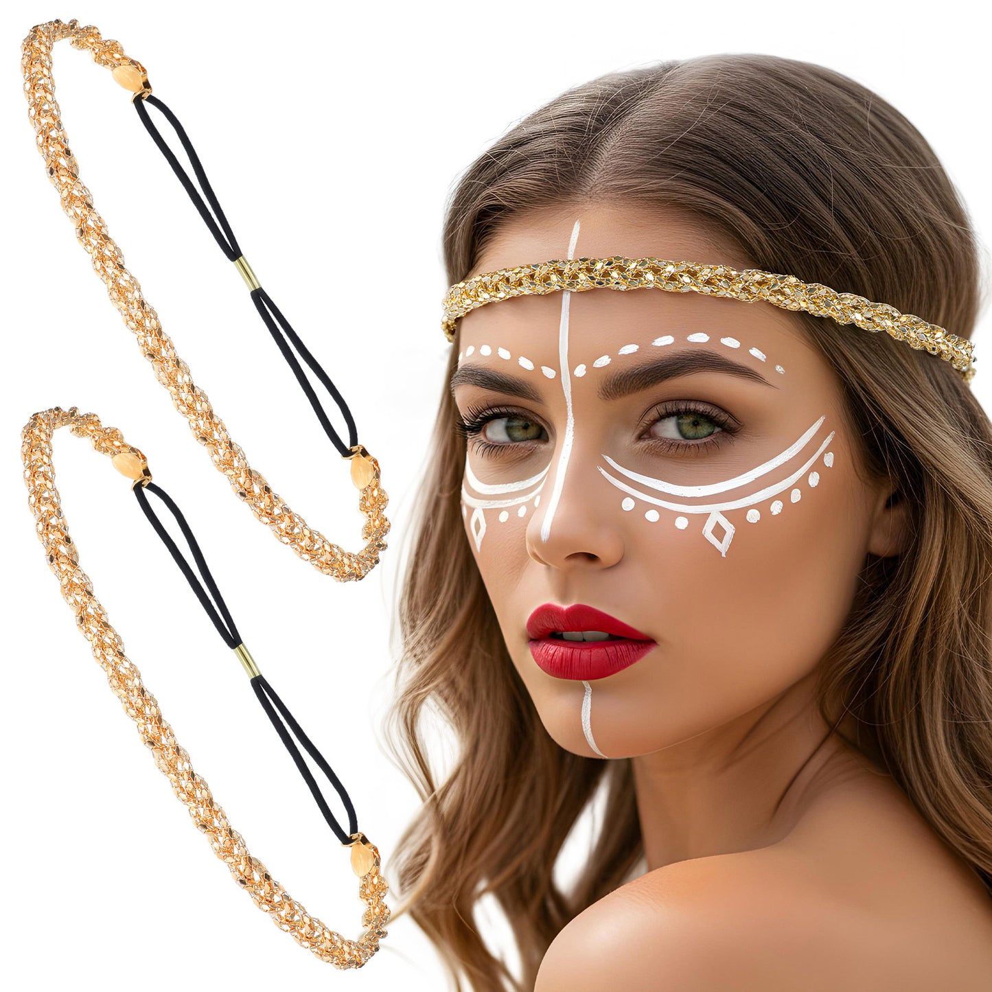 YBEATY 2Pcs Gold Elastic Rhinestone headbands (Gold)