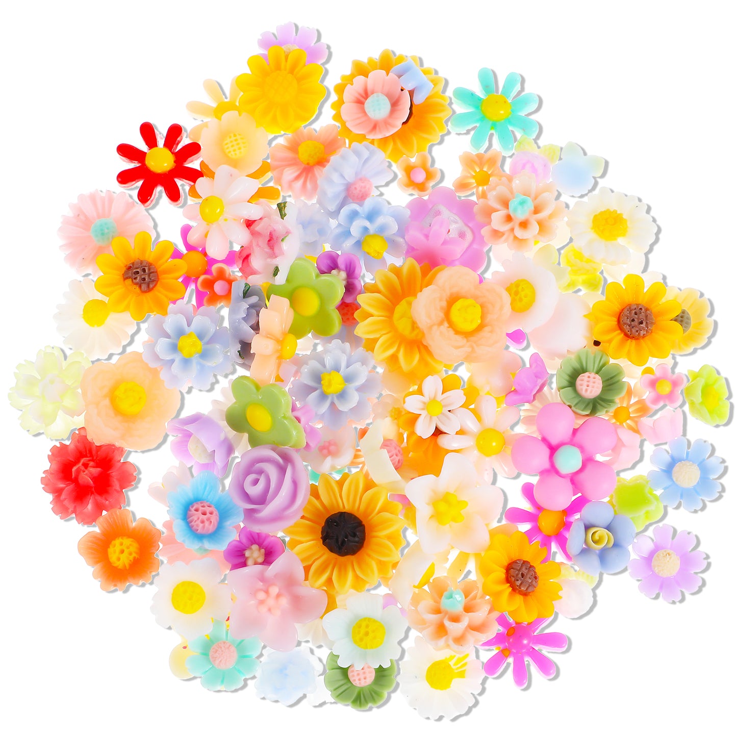 COMNICO Flatback Resin Flower Charms, 100Pcs Mini Resin Flower Cabochons Resin Charms Mixed Colors Flower Resin Slime Charms for DIY Hair Clip Headband Scrapbooking Phone Case Embelishments
