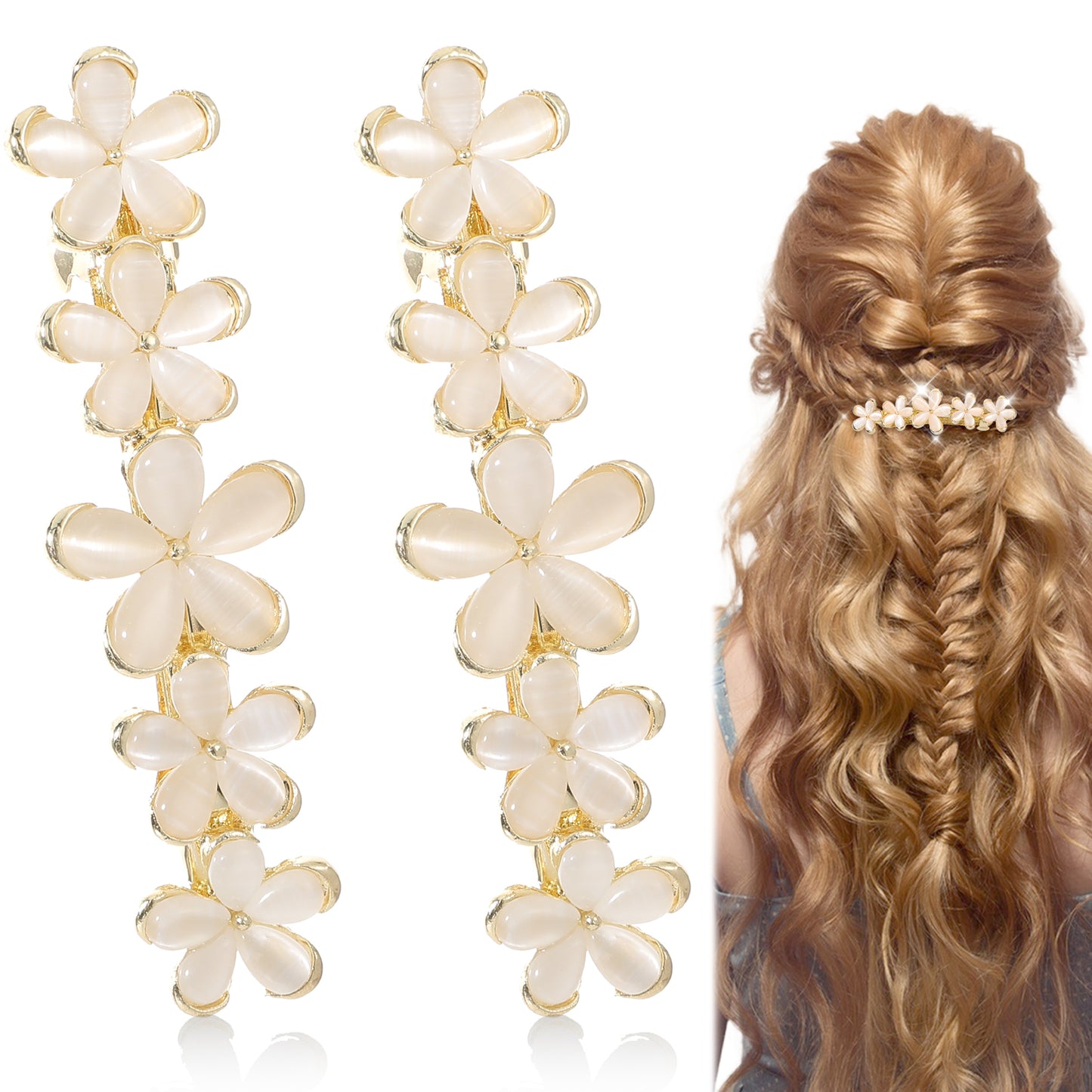 COMNICO Flower Hair Clips, 2 Pcs Opal Hair Barrettes Gold Sparkly Rhinestone Hair Pin Wedding Barrettes Valentines Wedding Prom Engagement Birthday Hair Accessories Decorative for Women Girls