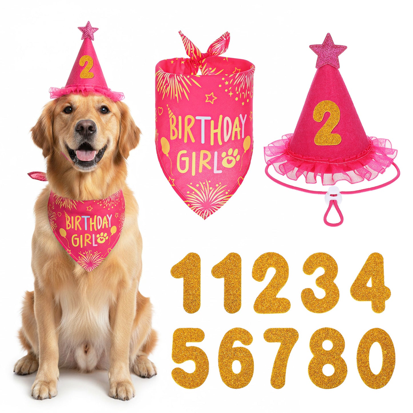 Dog Birthday Bandana Rose Pink Dog Birthday Bandana Set Pink Triangle Scarf Dogs Birthdays Party Supplies Outfit Girl Pet Bandanas with Hat and Number for Small Girl Pets Party Supplies Headwear