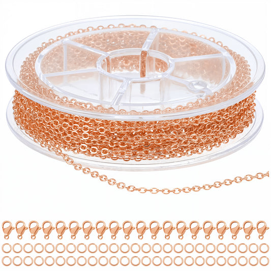 COMNICO 16.4ft Stainless Steel Chain 2.4mm Jewelry Cable Link Chain Roll DIY Craft Supplies Findings with 20pcs Lobster Clasps 50pcs Jump Rings for Making Necklace Earring Bracelet (Rose Gold)