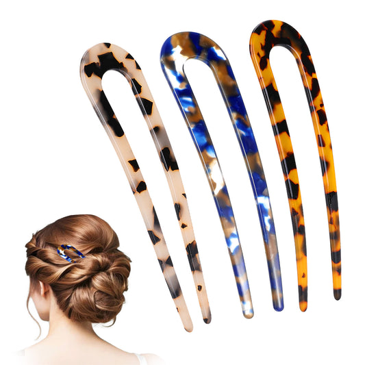 3pcs French Style Acetate Sheet Tortoise Shell U Shaped Hair Pins Fork 4.3inch Classic 2 Prong Updo Chignon Hair Forks Cute Hair Sticks Vintage Hairstyle Accessories for Women Thin Thick Long Hair