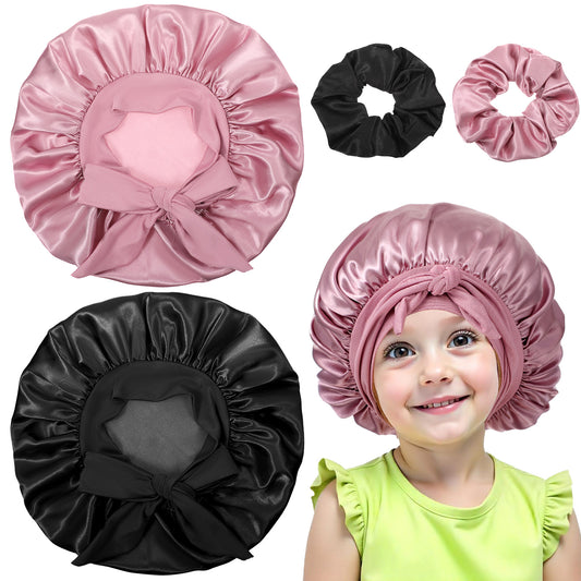 Wanmu 2 Set Kids Bonnets for Girls with Scrunchies, Satin Toddler Hair Bonnet with Tie Band, Cute Baby Curly Sleep Cap for Sleeping (Black, Rose Gold)