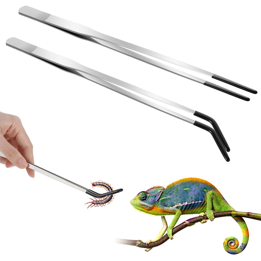 2PCS Long Aquarium Tweezers, 10.6" Extra Long Stainless Steel Reptile Feeding Tongs with Rubber Tip, Straight and Curved Tweezers, Terrarium Aquascape Tools Feeder for Lizards, Terrarium Feeder Tool