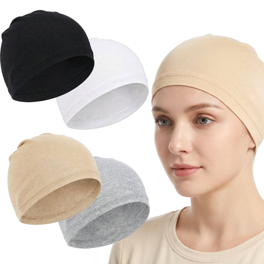 Sibba 4Pcs Elastic Chemo Headwear Skull Caps, Soft Cancer Beanie, Lightweight Sleeping Caps for Women Hair Loss