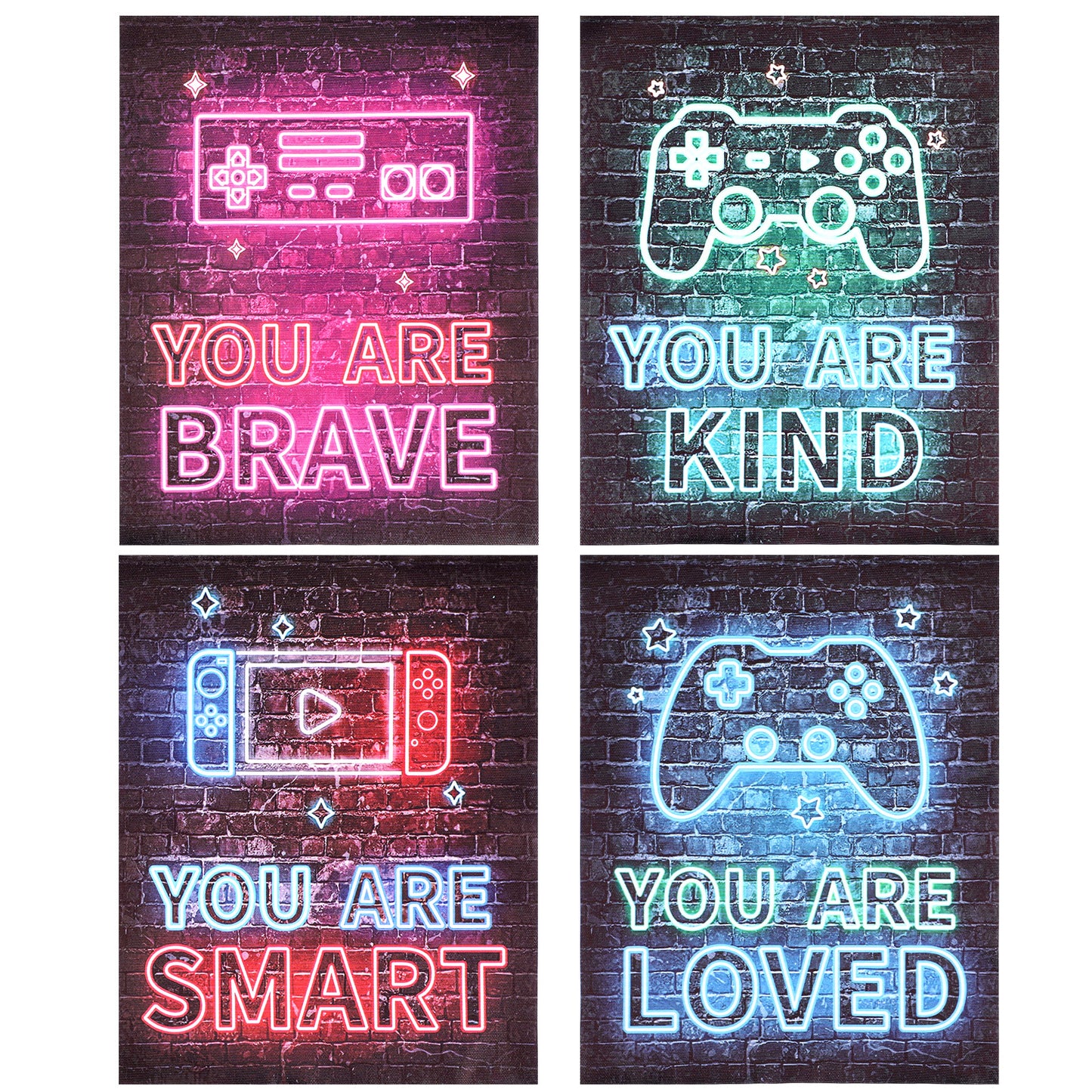 Wanmu Neon Video Game Decor Set of 4 (8"x12"), Encouragement Gaming Wall Art, Gamer Hanging Plaques Boys Room Inspirational Decorations for Teen Kids Game Bedroom Playroom, No Frames