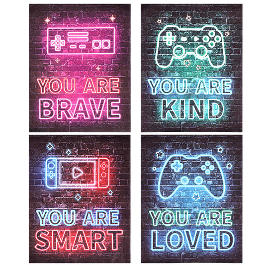 Wanmu Neon Video Game Decor Set of 4 (8"x12"), Encouragement Gaming Wall Art, Gamer Hanging Plaques Boys Room Inspirational Decorations for Teen Kids Game Bedroom Playroom, No Frames