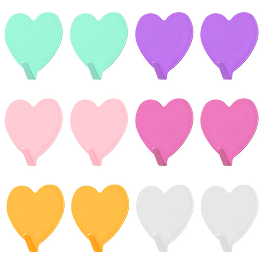 COMNICO 12 Pack Heart Shaped Decorative Wall Hooks, Cute Self-Adhesive Hanging Hooks Heavy Duty Stainless Steel No Tools Sticky Door Window Pothook for Home Kitchen Bathroom Office(Colorful)