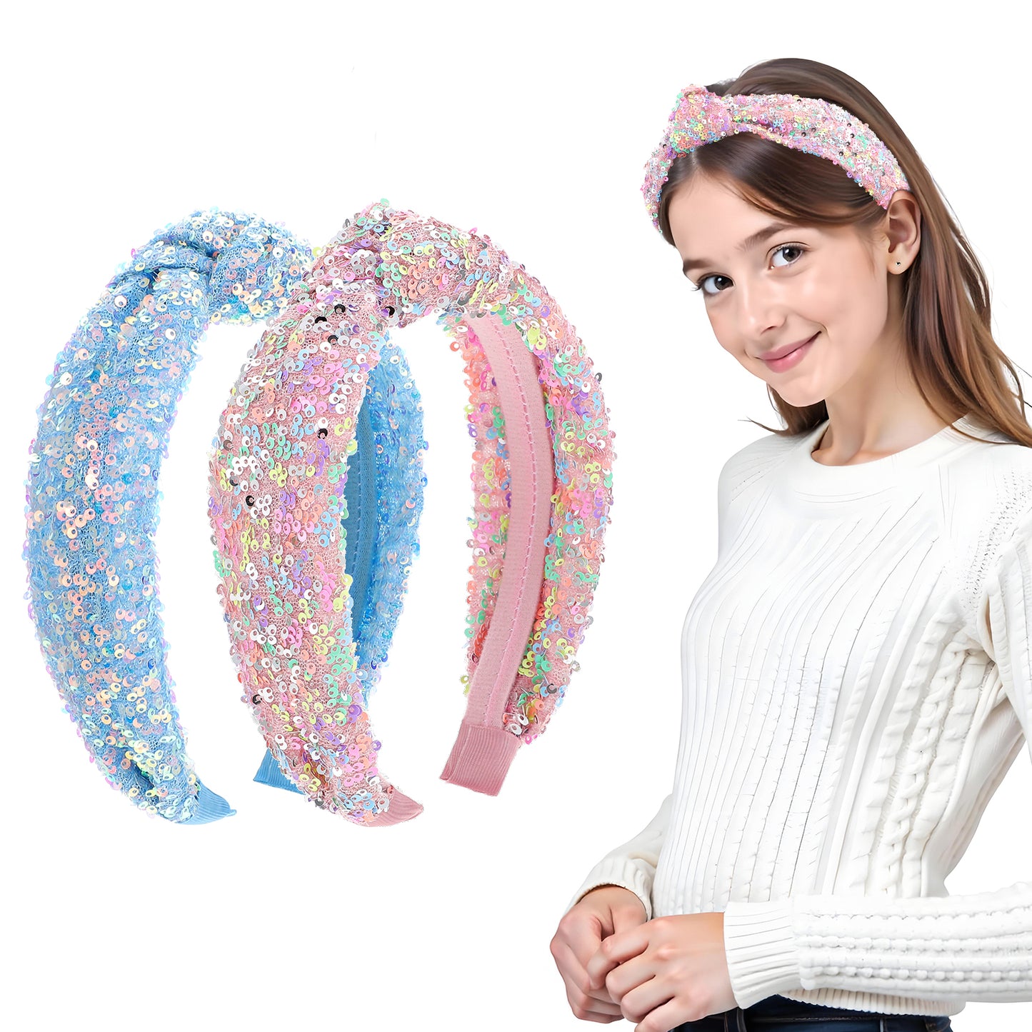 2Pcs Christmas Knotted Headbands for Women Girls Fashion Glitter Sequins Headbands Colourful Wide Hair Bands Sparkly Hair Accessories Iridescent Sequined Headware for Costume Decorations
