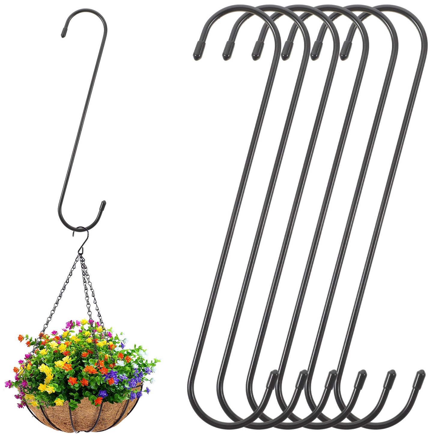 6pcs 10'' Large S Hooks for Hanging Plants Black Matel Heavy Duty Hooks Big S Hook Bird Feeder Tree Branch Garden Tree Extension Hook for Hang Bird House Clothes Kitchenware Basket Lantern