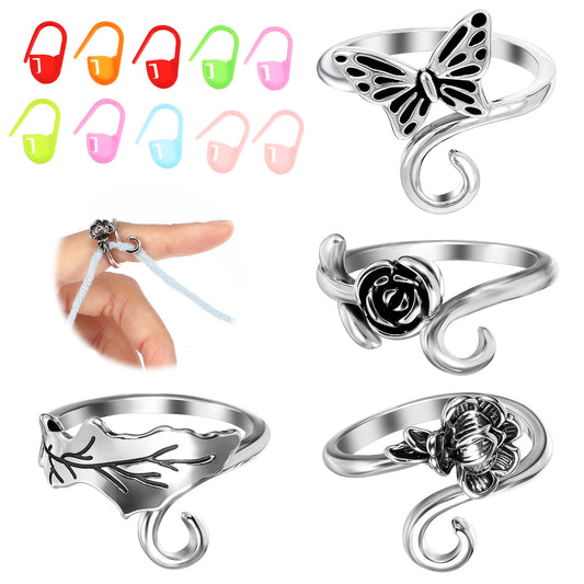 Wanmu 4Pcs Adjustable Crochet Yarn Tension Ring for Crocheting, Crochet Tension Ring, Animals Plants Crochet Ring for Finger, Finger Yarn Guide Knitting Tension Rings