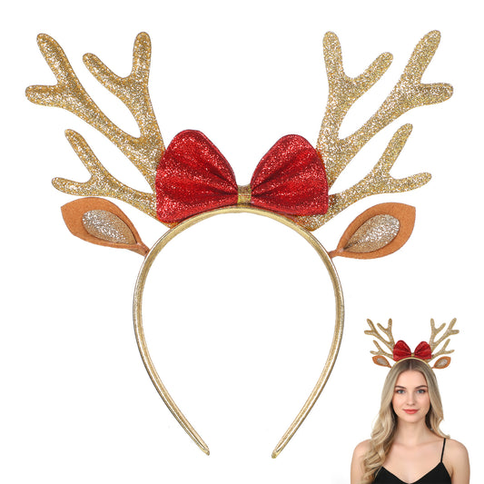 Deer Antlers Headband Brown Christmas Antlers Headband Cute Ears Headbands Women's Deer Costume Accessories for Adults Fawn Horn Headbands Animal Antler EarsHeadbands (Bow decor, Champagne color)