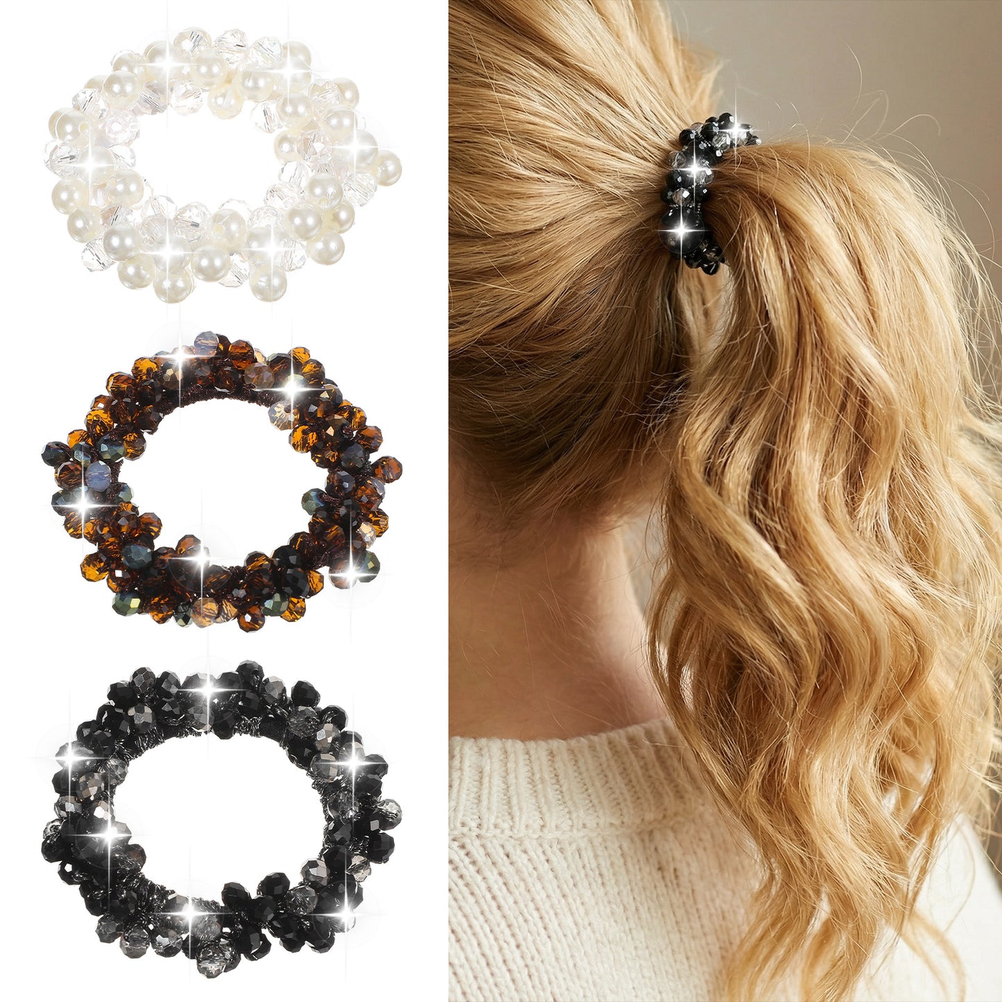 3 Pcs Rhinestone Hair Ties Sparkly Ponytail Holders Fancy Glitter Hair Scrunchies Elastic Crystal Hairs Accessories Jewelry Stretchy Hairbands for Women Decorative Bling