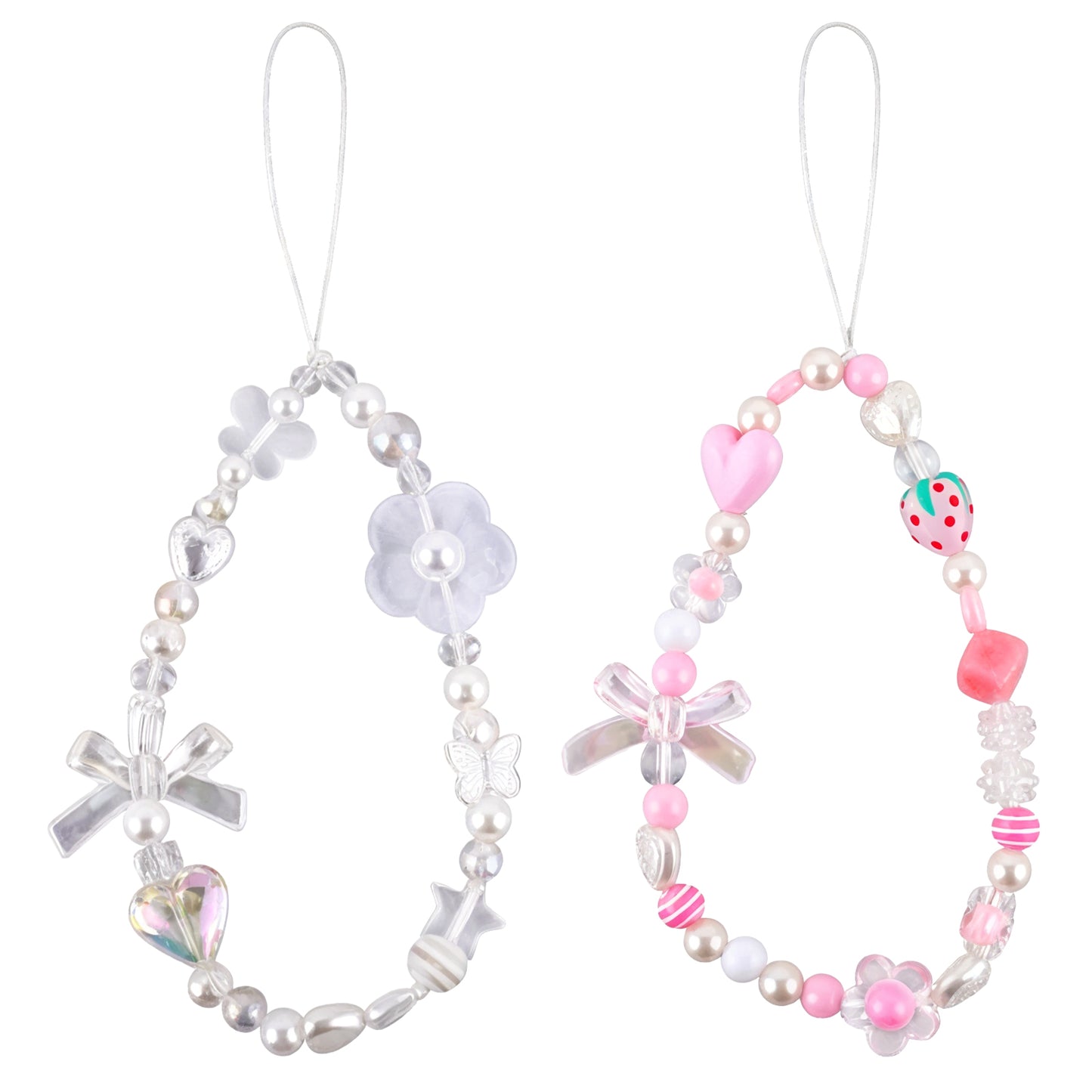 Dimeho 2 Pcs Phone Charms, Cute Beaded Phone Strap Pink Cell Phone Charms for Women Aesthetic Love Phone Lanyard Wrist Strap Anti-Lost Chains Y2K Flower Beaded Mobile Phone Keychain Charm Gifts