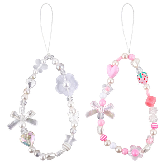 Dimeho 2 Pcs Phone Charms, Cute Beaded Phone Strap Pink Cell Phone Charms for Women Aesthetic Love Phone Lanyard Wrist Strap Anti-Lost Chains Y2K Flower Beaded Mobile Phone Keychain Charm Gifts