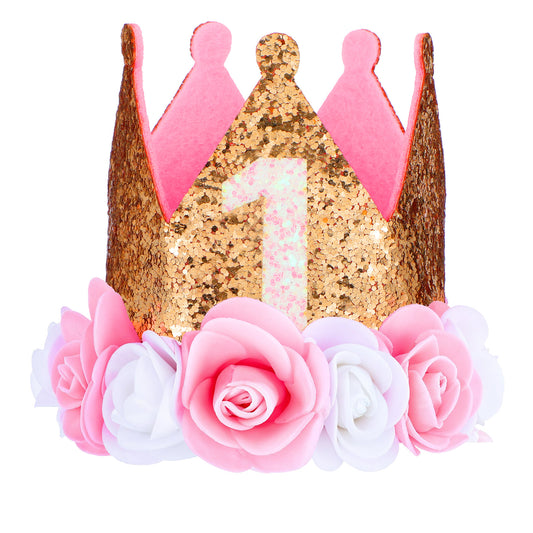Wanmu 1st Birthday Crown for Girls, First Birthday Hat, Pink Sprinkle 1 Year Rose Gold Baby Girl Decoration, One Year Old Flowers Princess Outfit for Photo Props (Gold)