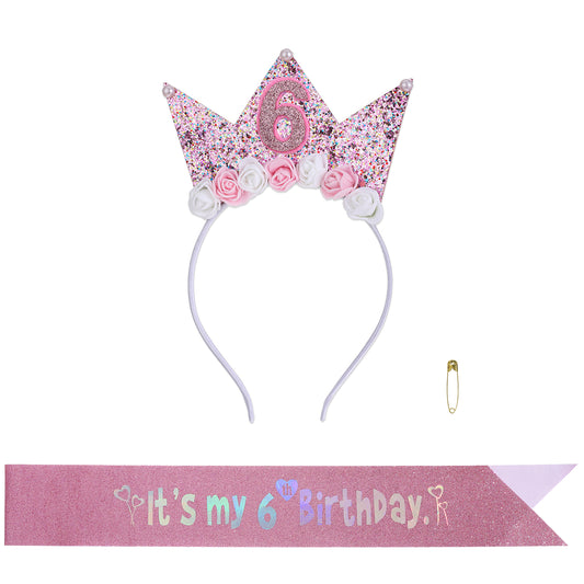 COMNICO Birthday Tiara for Girls, 2 Pcs 6th Princess Crown Girl Headband Happy Birthday Headpiece Glitter Hair Band Birthday Decorations Hair Accessory for Women and Girls