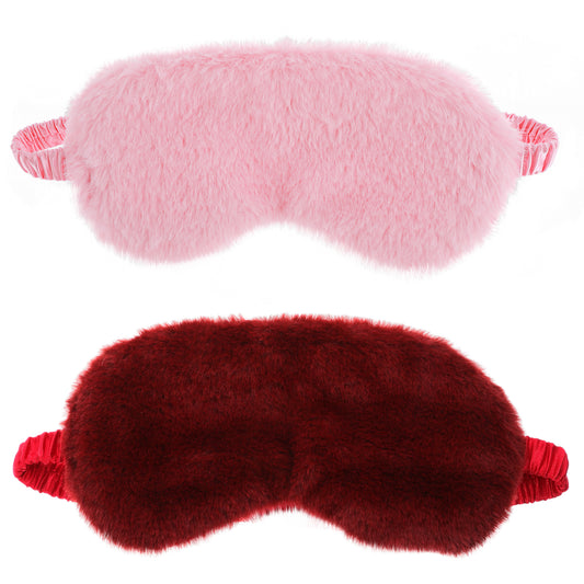 2 Pcs Plush Eye Mask Soft Sleeping Blindfold Eye Cover Comfortable Furry Faux Fur Sleeping Mask Satin Nap Night Eyeshade Cover for Women Men Gift (Pink, Red)