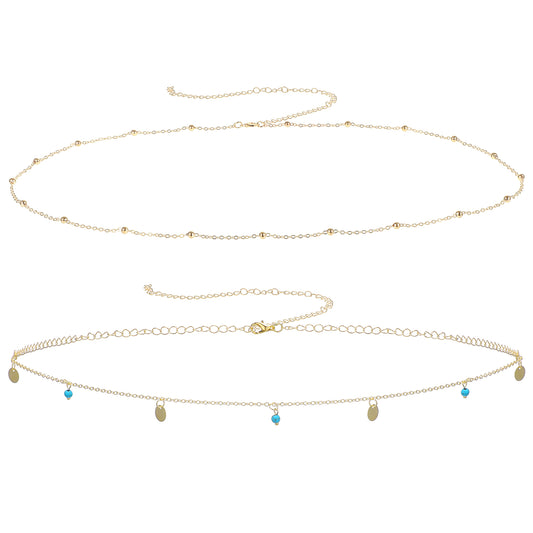 COMNICO 2Pcs Gold Belt Chain, Gold Waist Chain Layered BellyChain Adjustable Metal Link BodyChain Belt Waterproof BeadsChain CoinChain Jewelry Gifts for Women (Round turquoise)