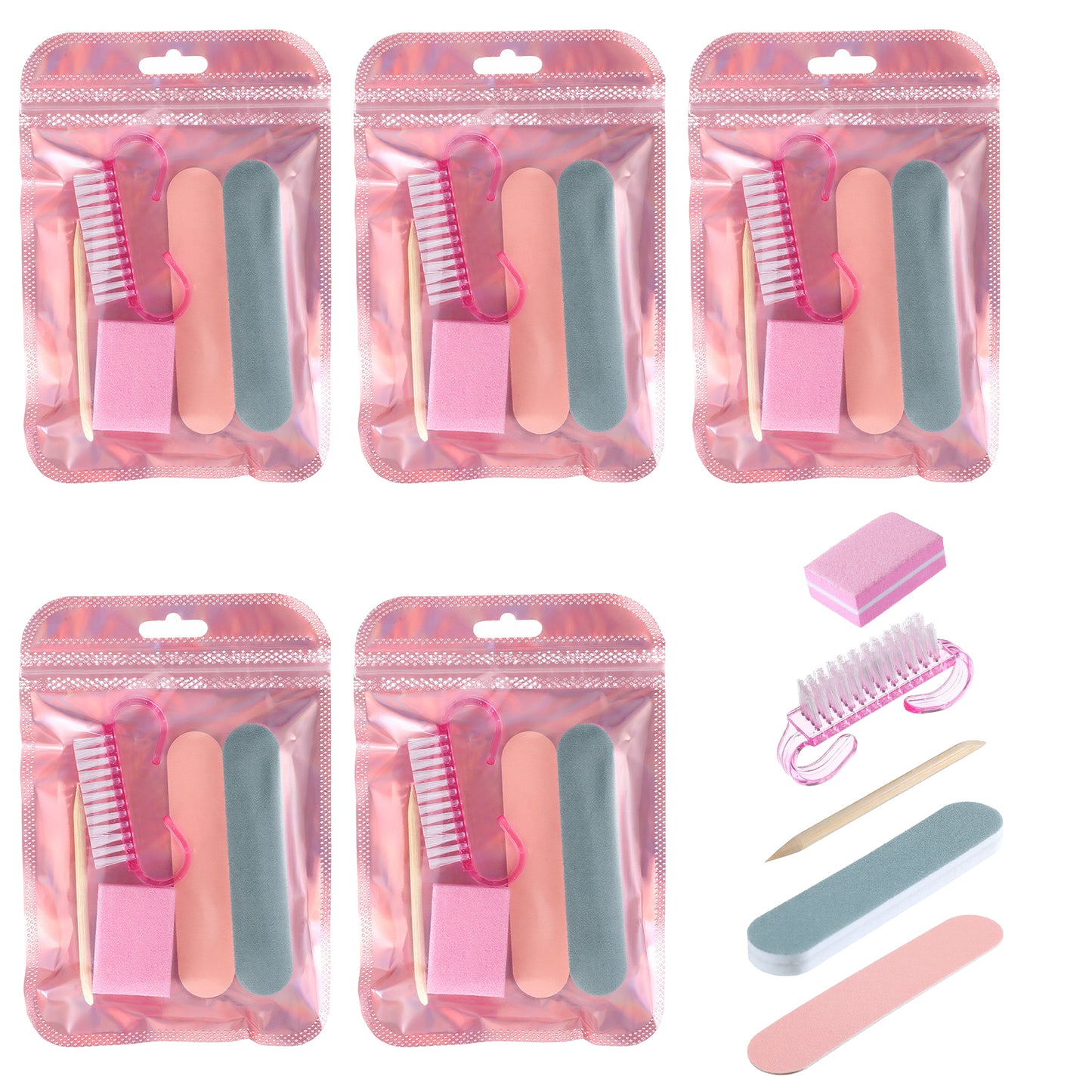 6 Set Disposable Manicure Kit Salon Supplies Press On Nail Tool Kit with Mini Nail Files Buffers Bulk Handle Grip Brush Wood Stick for Salon Home Fingernails Toenails