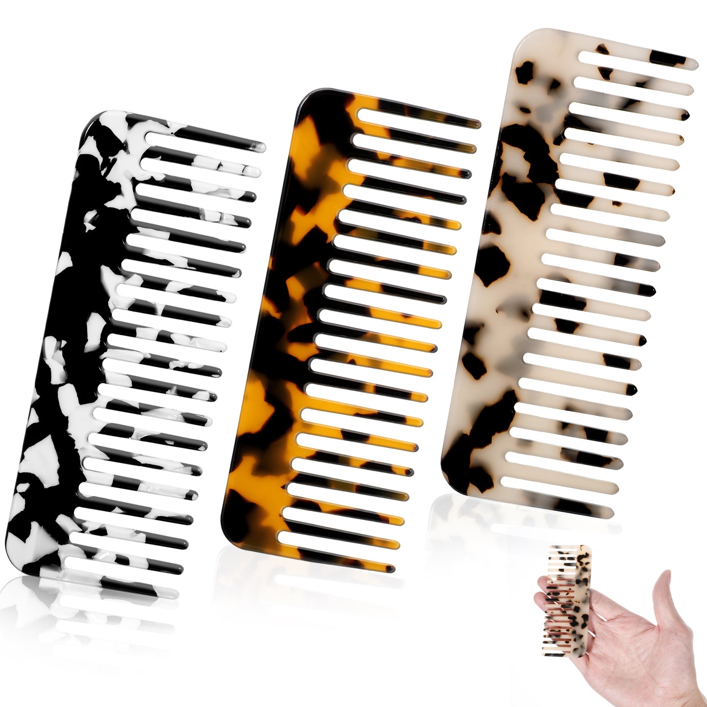 3Pcs Large Hair Detangling Comb Portable Cellulose Acetate Wide Tooth Comb Leopard Purse Comb No Handle Pocket Size Tortoise Hair Comb Fine Dressing Comb for Women Wet Dry Wavy Curly Thick Long Hair