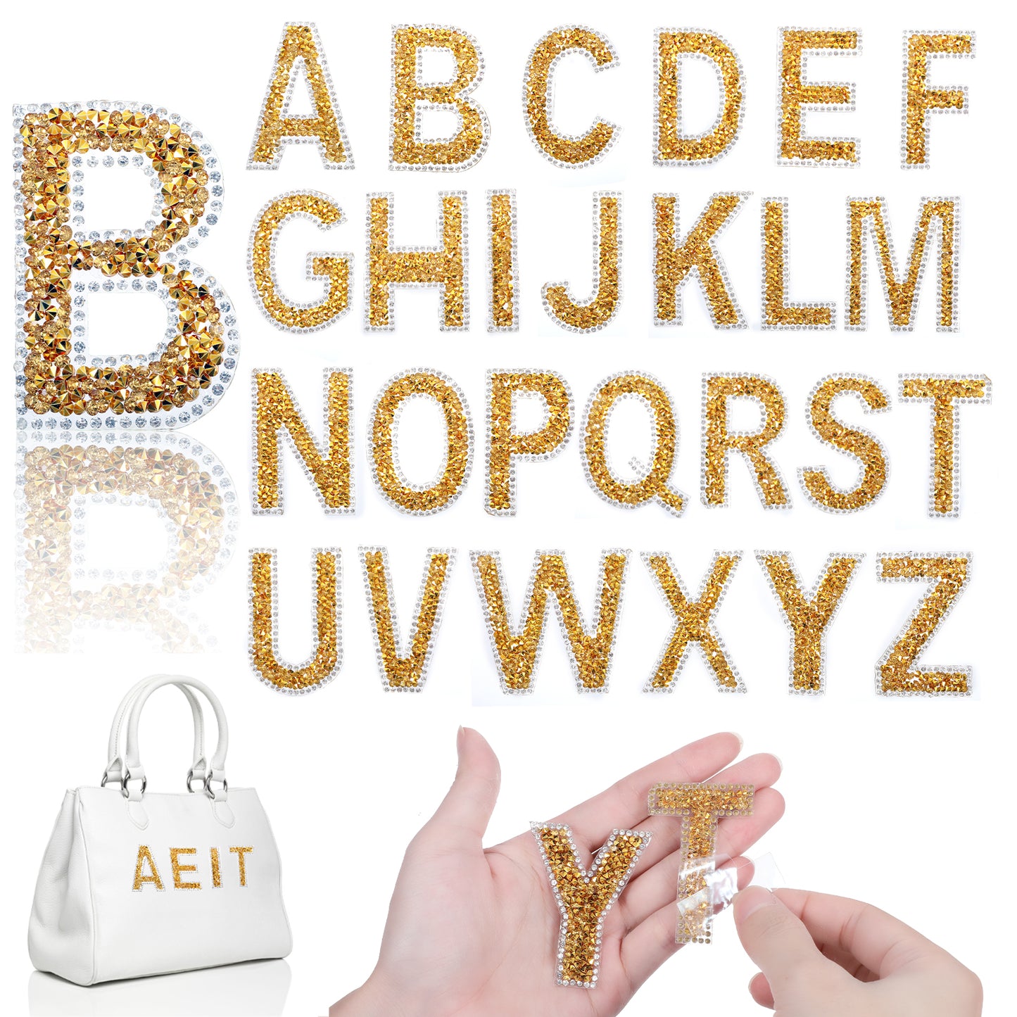 Wanmu 54Pcs Glitter Rhinestone Alphabet Letter Stickers, Self Adhesive Crystal Rhinestone A-Z Letter, Alphabet Patches Iron on Appliques for Art Clothing DIY Works