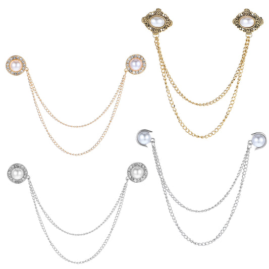 Wanmu Vintage Sweater Clip with Chain, 4Pcs Pearl Shawl Cardigan Clip, Antique Collar Holders Decorations, Dress Sweater Collar Brooch for Women Girls Christmas Halloween