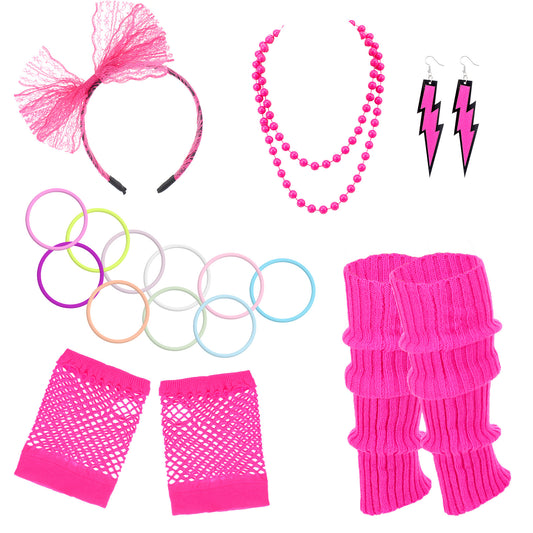 Wanmu 80s Fancy Dress Costumes Accessories, 1980s Headband, Errings, Fishnet Gloves, Necklace, Bracelt, Leg Warmers, Party Outfit Set for Women