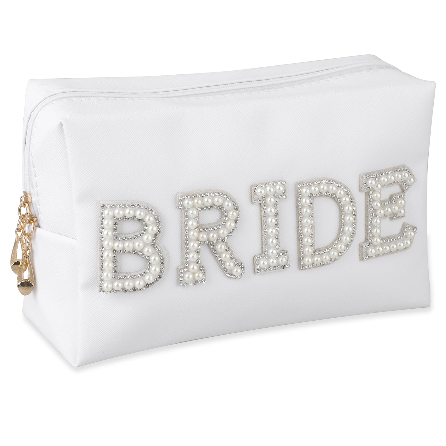 Bride Patch Letter Makeup Bag Travel Toiletry Pouch Bling Pearl Rhinestone Cosmetic Bag Waterproof PU Purse with Zipper Bridal Shower Gifts for Women Party Engagement Wedding