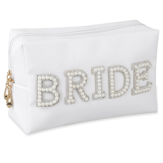 Bride Patch Letter Makeup Bag Travel Toiletry Pouch Bling Pearl Rhinestone Cosmetic Bag Waterproof PU Purse with Zipper Bridal Shower Gifts for Women Party Engagement Wedding