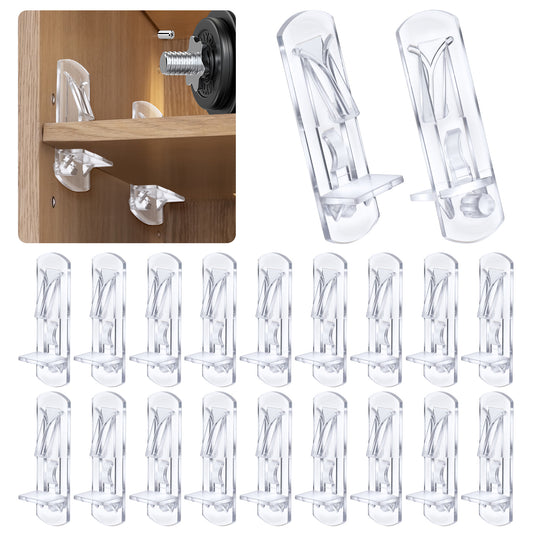 COMNICO 20pcs Plastic Locking Shelf Pins Support Pegs Clear Self-Locking Cabinet Bracket Clips Holders for Kitchen Furniture Book Shelves, 5mm Peg x 3/4" Thick Shelf
